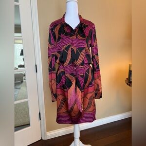 Hale Bob Silk Long Sleeve Tie Neck Half Button Chain Belted Dress Size S NWOT